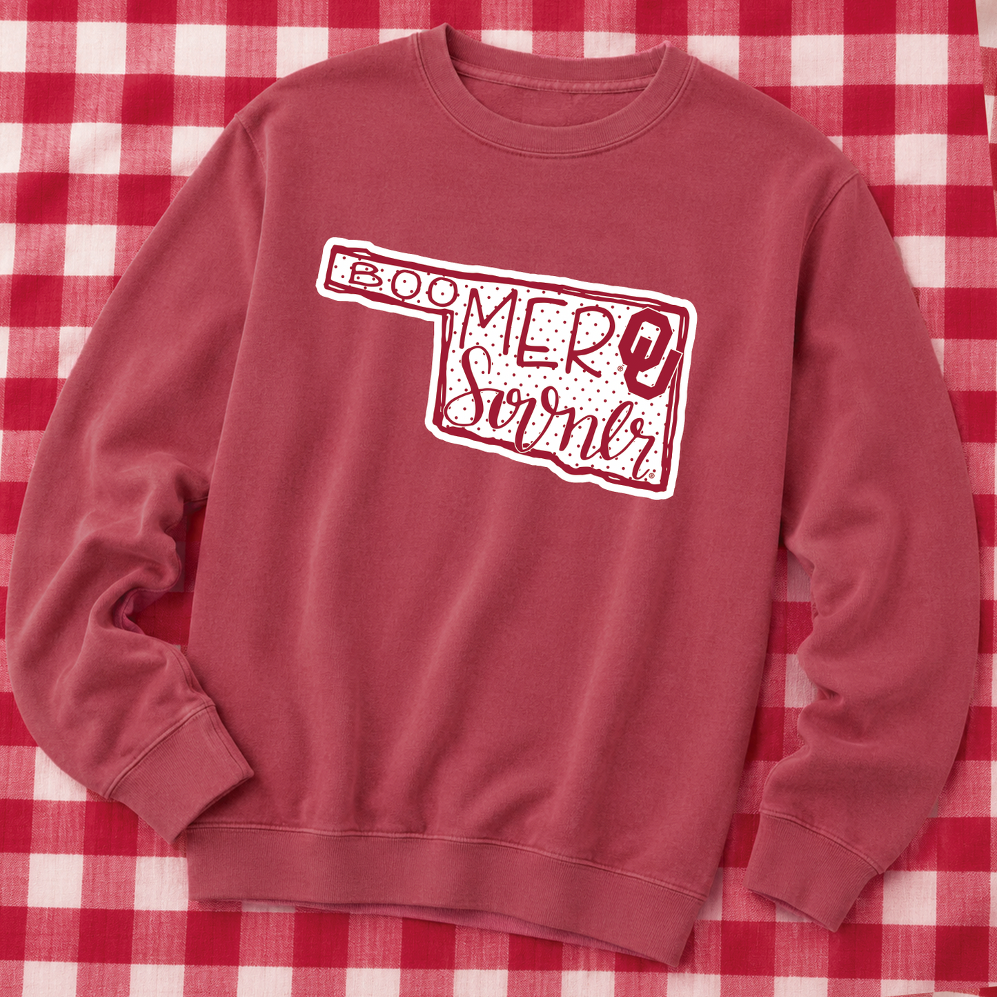 UNIV. of OKLAHOMA 2026: Boomer Sooner State Shape with Polkadots (COMFORT COLORS SWEATSHIRT)