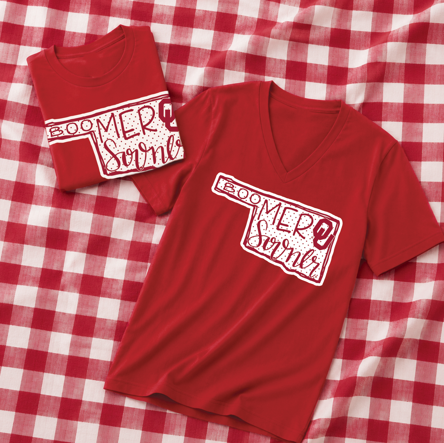 UNIV. of OKLAHOMA 2026: Boomer Sooner State Shape with Polkadots (BELLA CANVAS VNECK or CREW NECK)