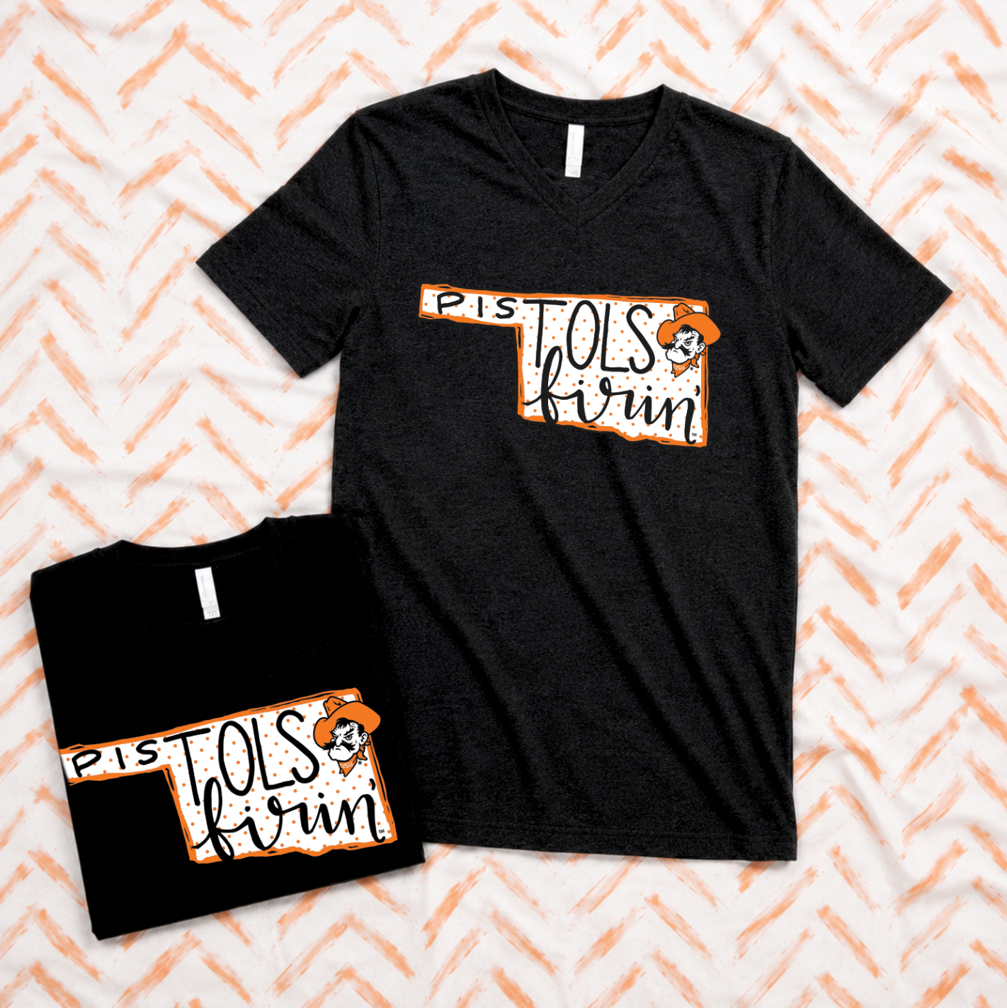 OK STATE 2026: Pistols Firin State Shape with Polkadots (BELLA CANVAS VNECK or CREW NECK)
